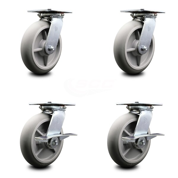 8 Inch Thermoplastic Rubber Swivel Caster Set with Roller Bearings 2 Brakes SCC